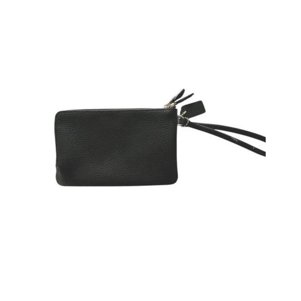 Coach Double Zip Wristlet Black Pebbled Leather Gold Logo Small Bag F87591